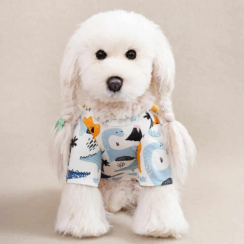 Colourful printed polyester t-shirt for a small dog, showing size options S, M, L, XL, XXL.