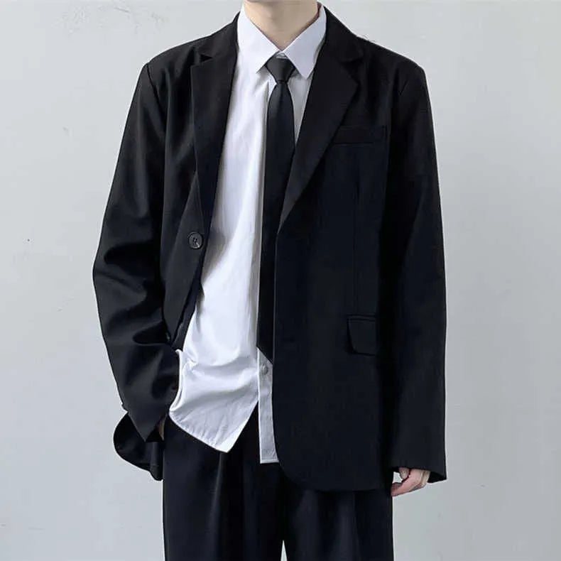 Plus size men's college style suit set with loose fit jacket, trousers, white shirt and tie for spring and autumn wear