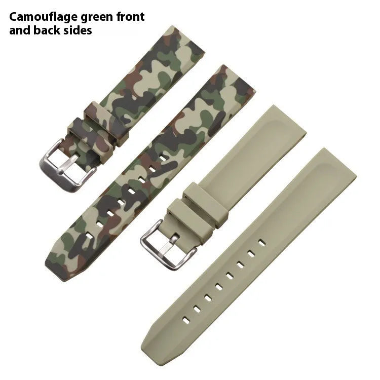 Blue camouflage silicone watch strap showing 20mm width and buckle.
