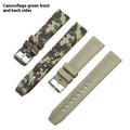 Blue camouflage silicone watch strap showing 20mm width and buckle.