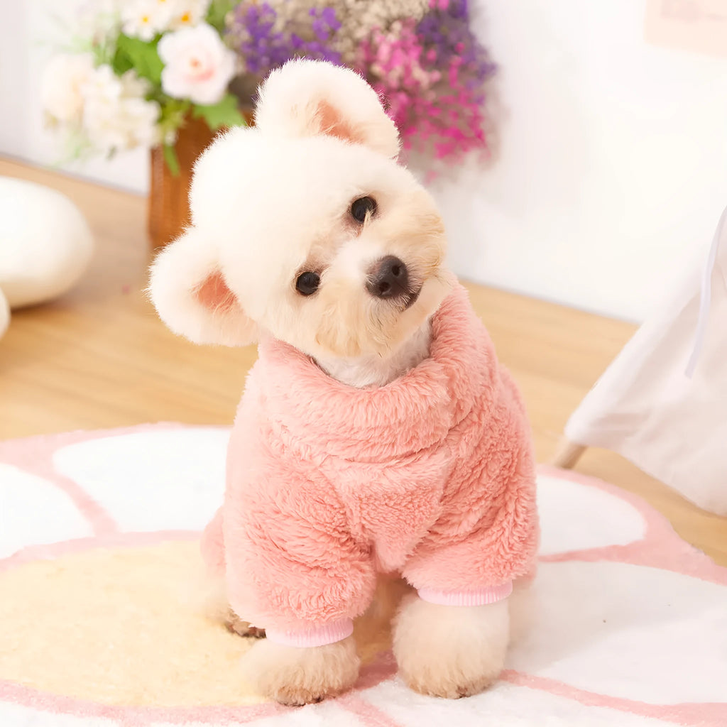 Blue four-legged dog coat made of thick plush cotton velvet with a high collar and towing ring.