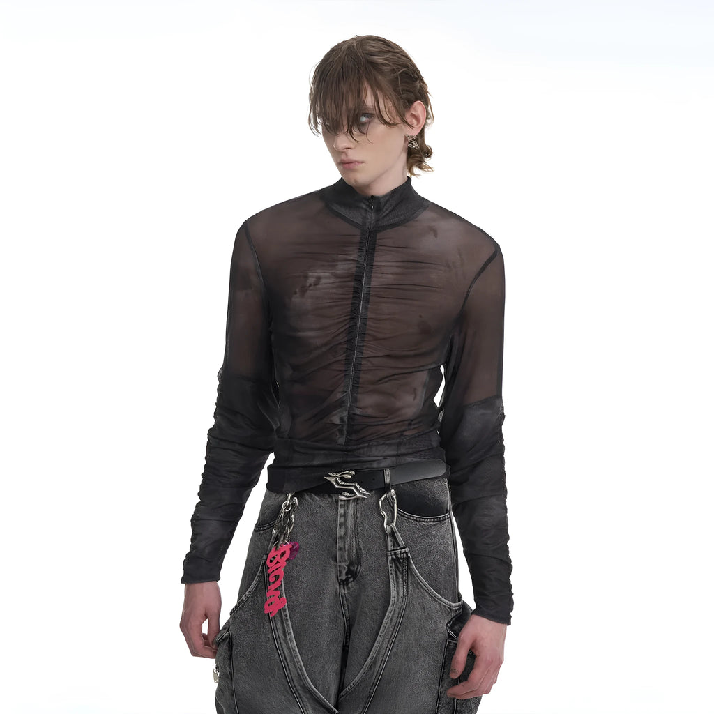Men's half turtleneck mesh zipper bottoming shirt long-sleeved t-shirt in Black Red and Black Gray