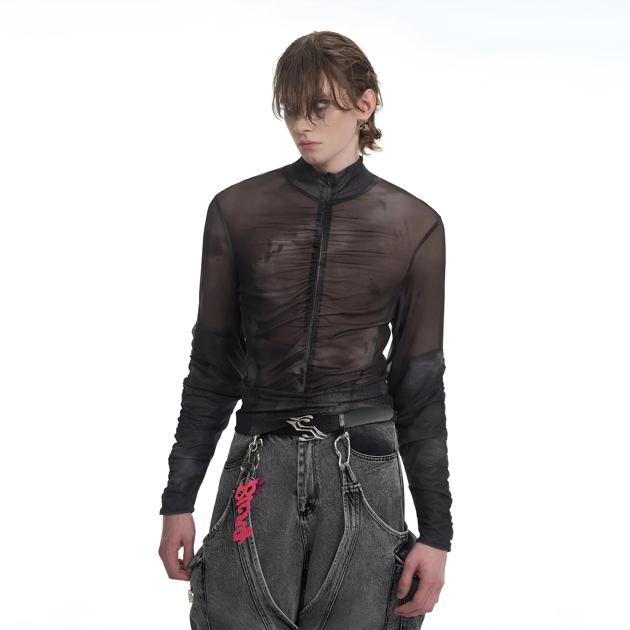 Men's half turtleneck mesh zipper bottoming shirt long-sleeved t-shirt in Black Red and Black Gray