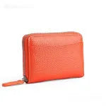 Genuine leather zipper coin storage bag in solid colour with sewing line detail and anti-theft swiping function