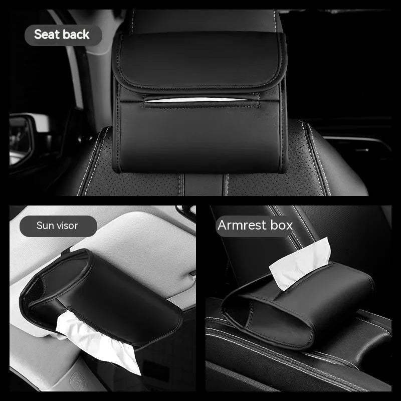 Leather car tissue box with elastic band for mounting on vehicle sun visor or headrest