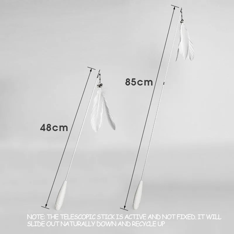 Telescopic cat fishing rod toy with self-hi bell and white goose feather lure on white shaft, extended for play