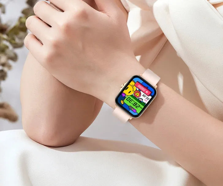 Smart sports watch with blue strap and 1.7-inch colour touch screen displaying fitness metrics