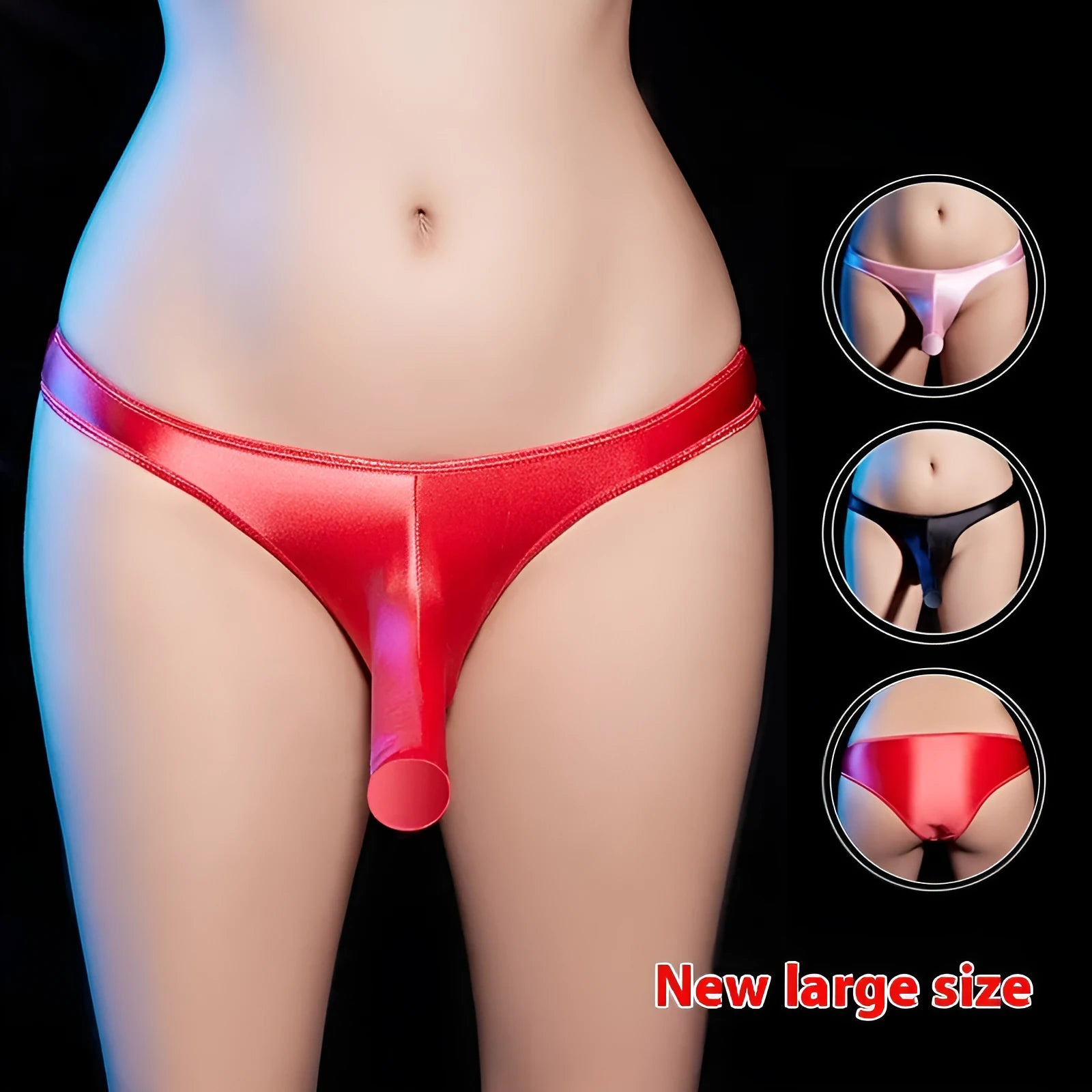 Men's low-waist T-back underwear in shiny nylon fabric shown in black colour.
