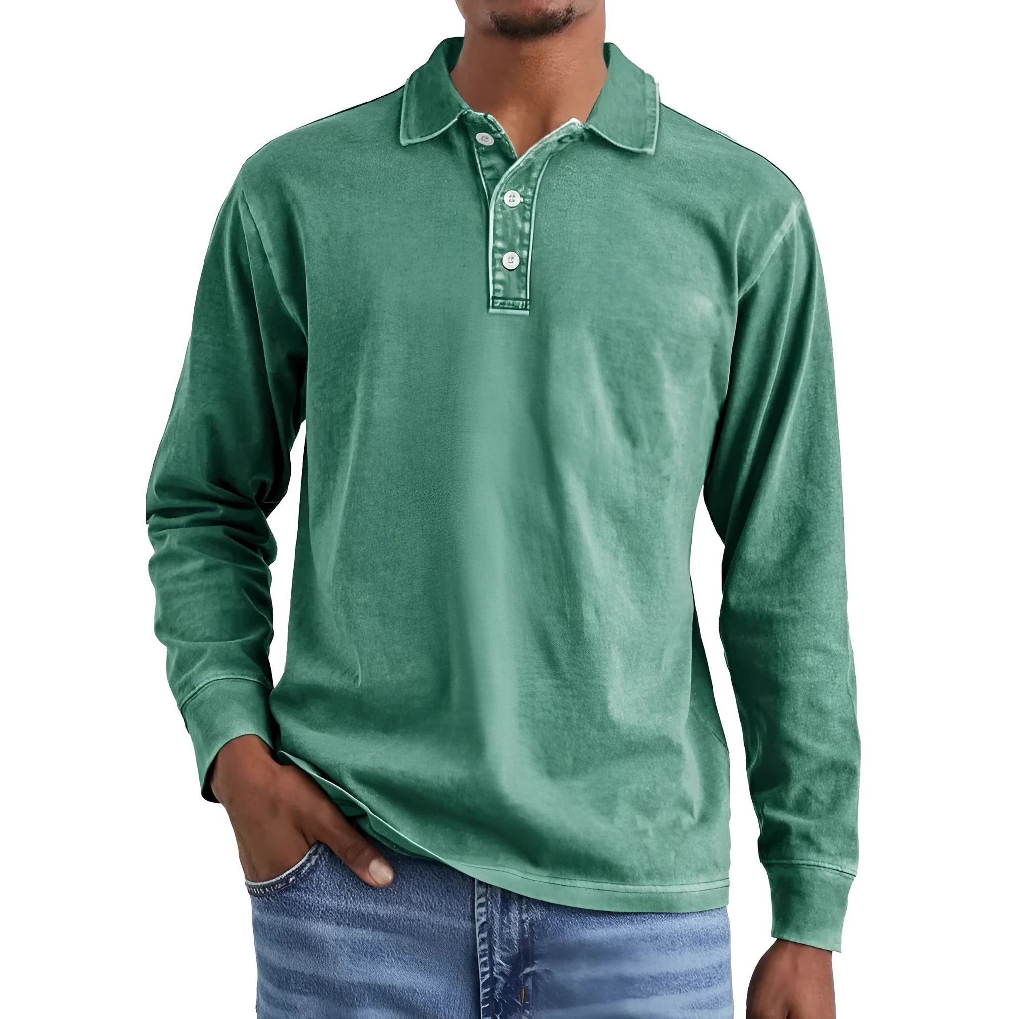 Retro style long sleeve polo shirt with lapel collar in washed, distressed cotton fabric.