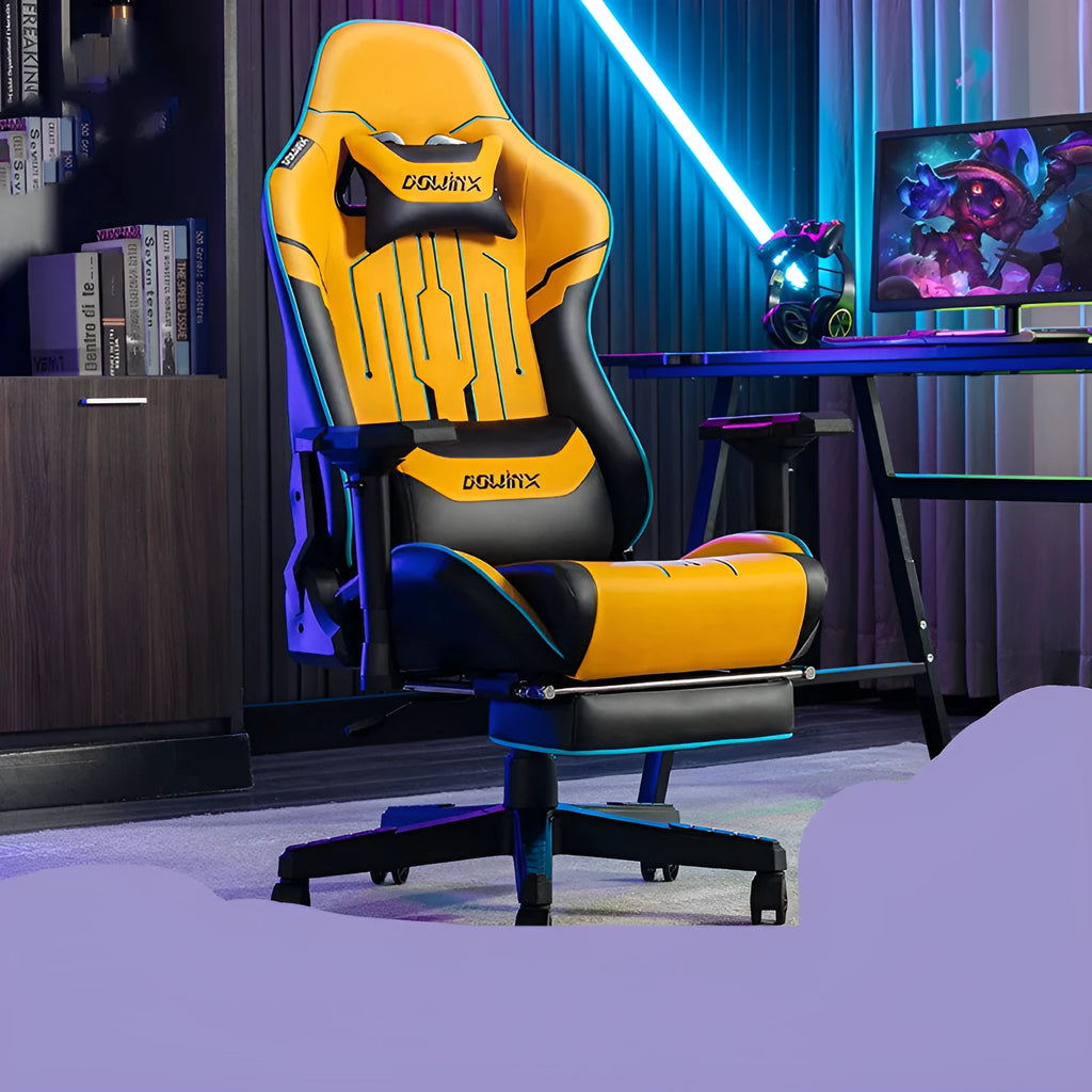 Dowinx LS-6010 gaming chair with metal skeleton, leather fabric, and 4D handrails in black colour