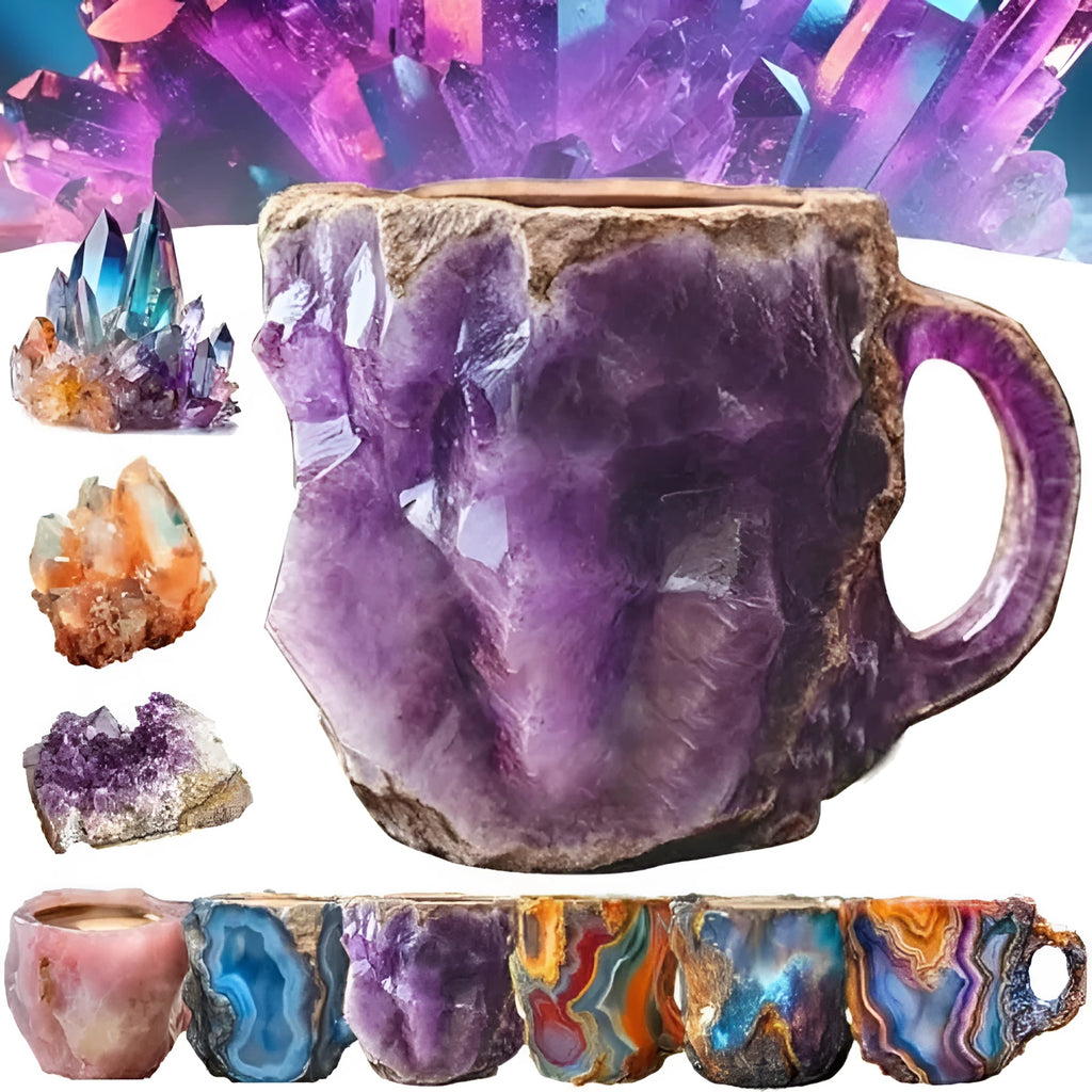 Purple resin coffee mug with 3D crystal texture and a handle on a wooden table.