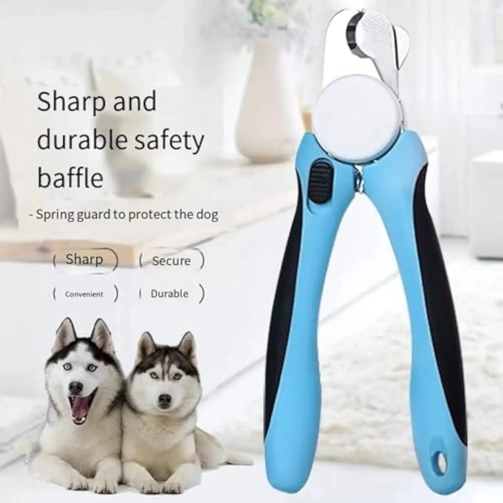 Blue heavy-duty dog nail clippers with safety guard for large breed dogs and thick nails.