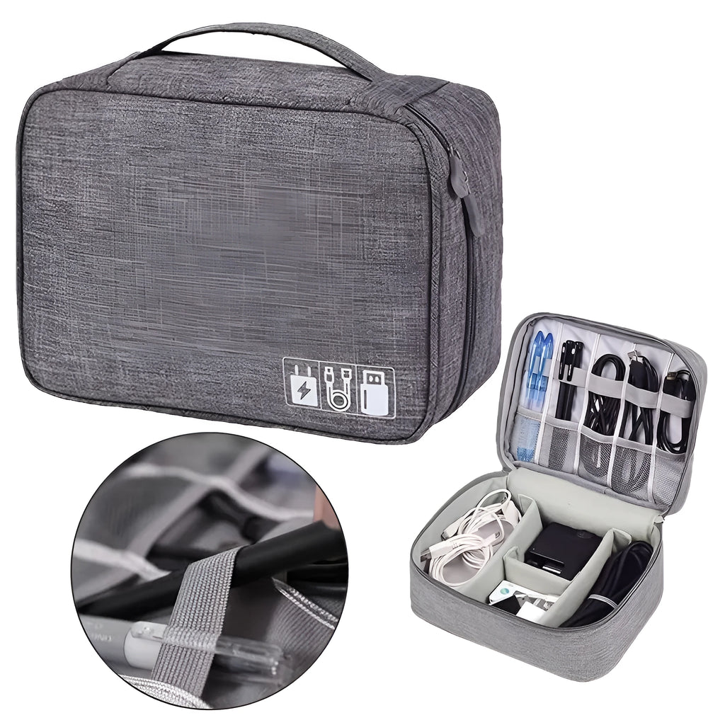 Black electronics organiser case open to show mesh pockets, elastic loops and removable padded dividers inside.