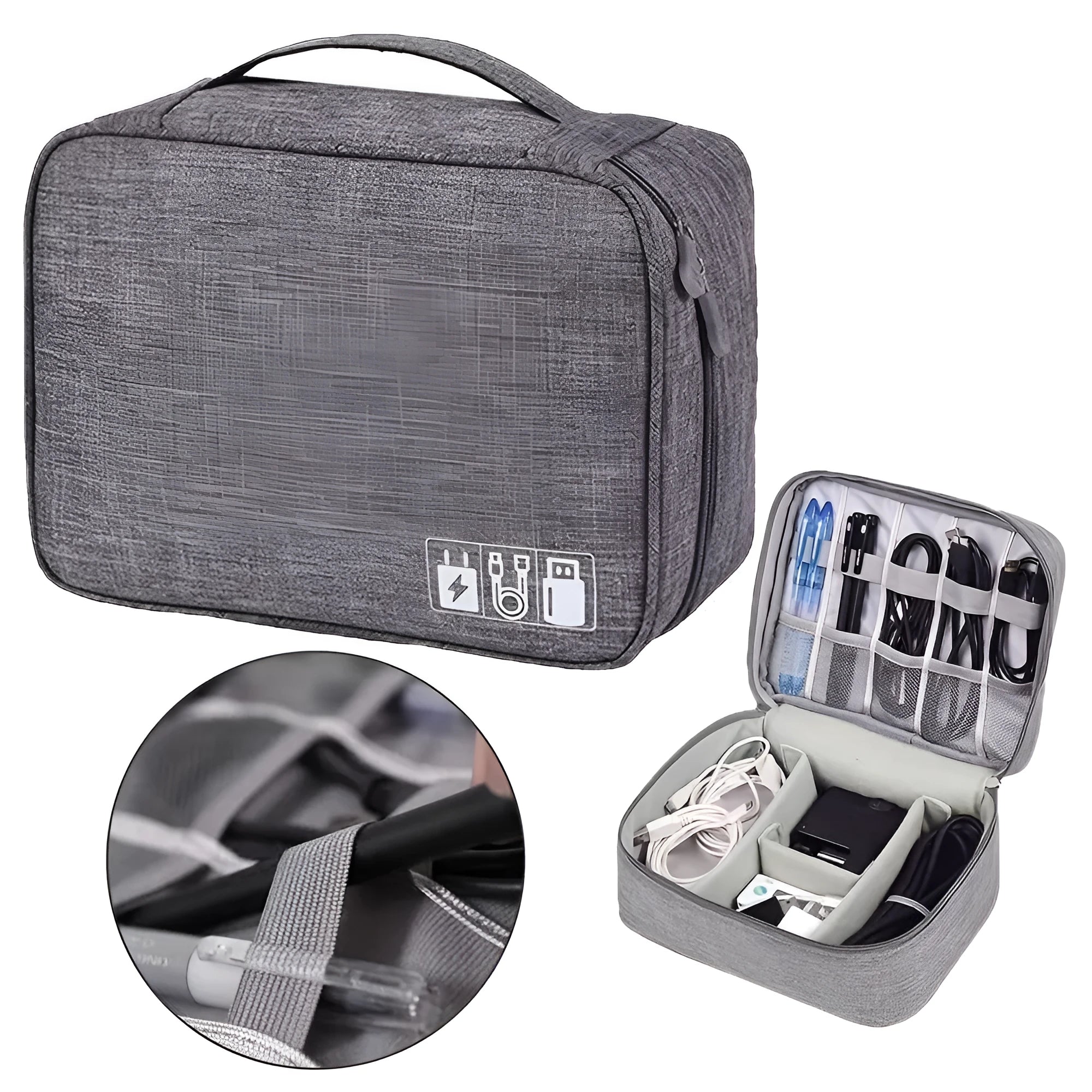 Black electronics organiser case open to show mesh pockets, elastic loops and removable padded dividers inside.