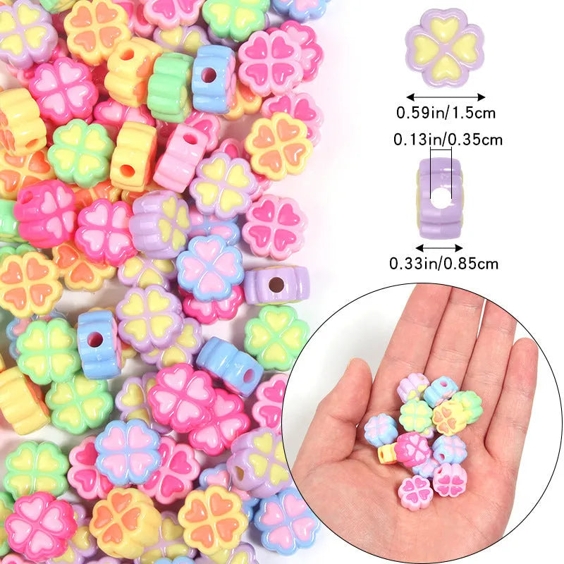 Acrylic four-leaf clover beads in mixed colours with frosted finish, 15mm diameter for jewellery making