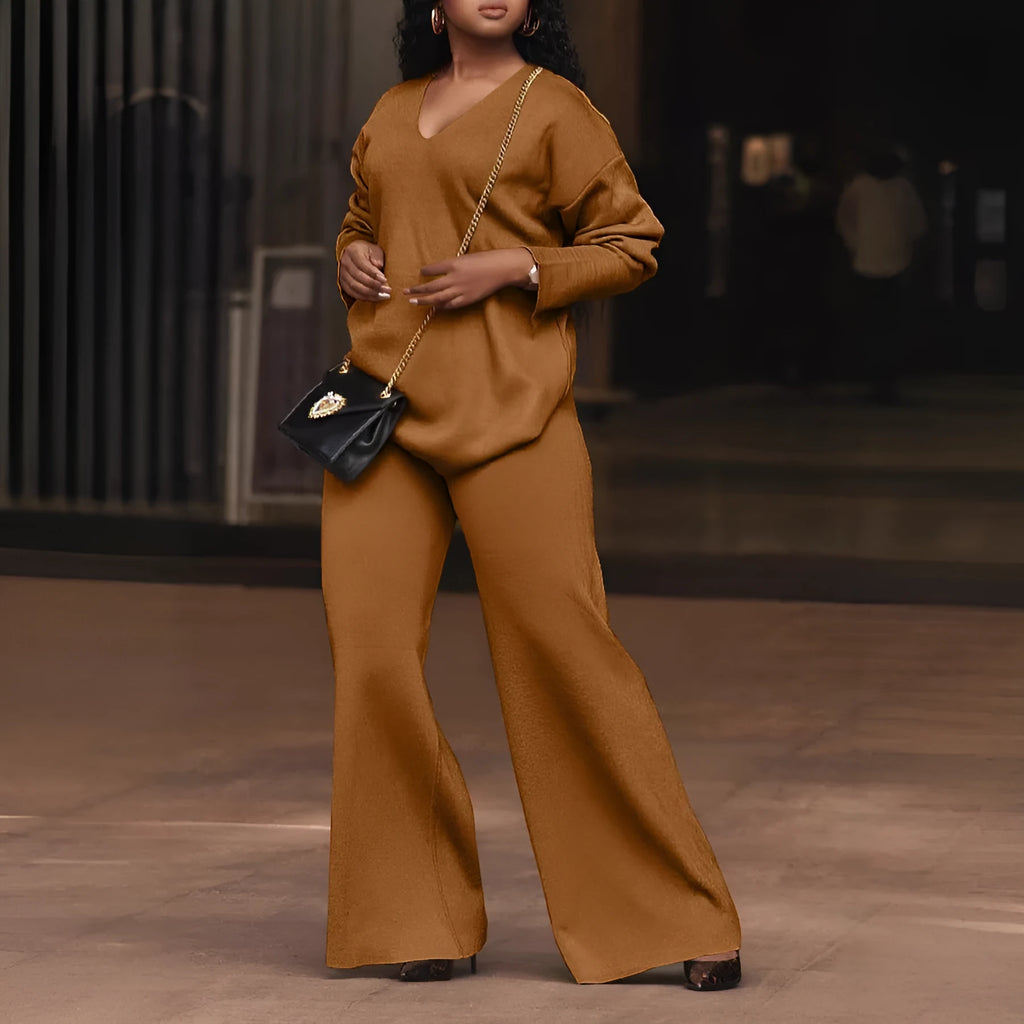Women's brown suede velvet two-piece suit with split-sleeve top and matching trousers