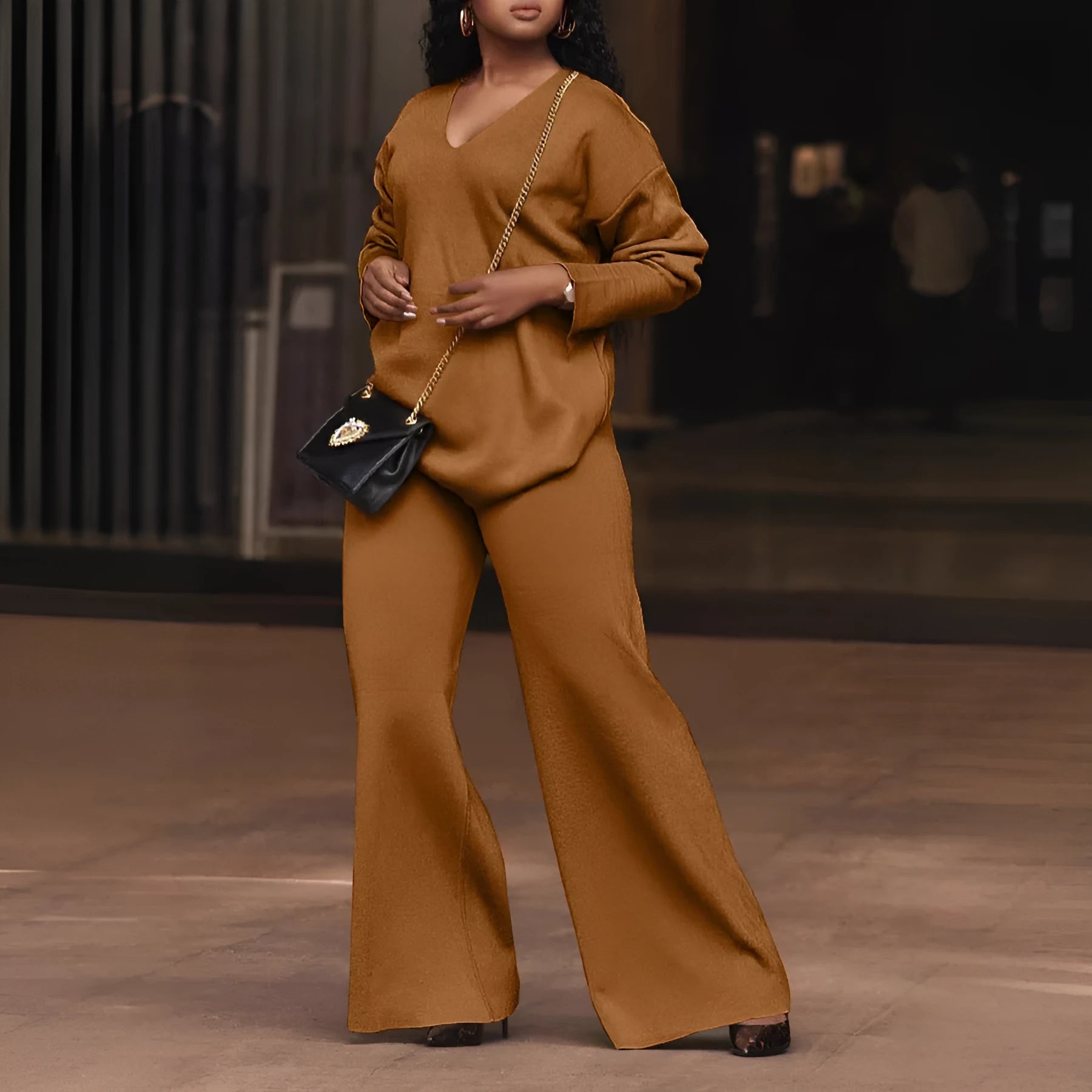 Women's brown suede velvet two-piece suit with split-sleeve top and matching trousers