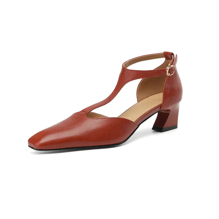 Women's French retro square toe chunky heel shoes in red sheepskin leather with buckle fastening