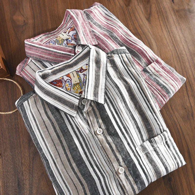 Men's striped linen shirt with long sleeves in red or grey colour options