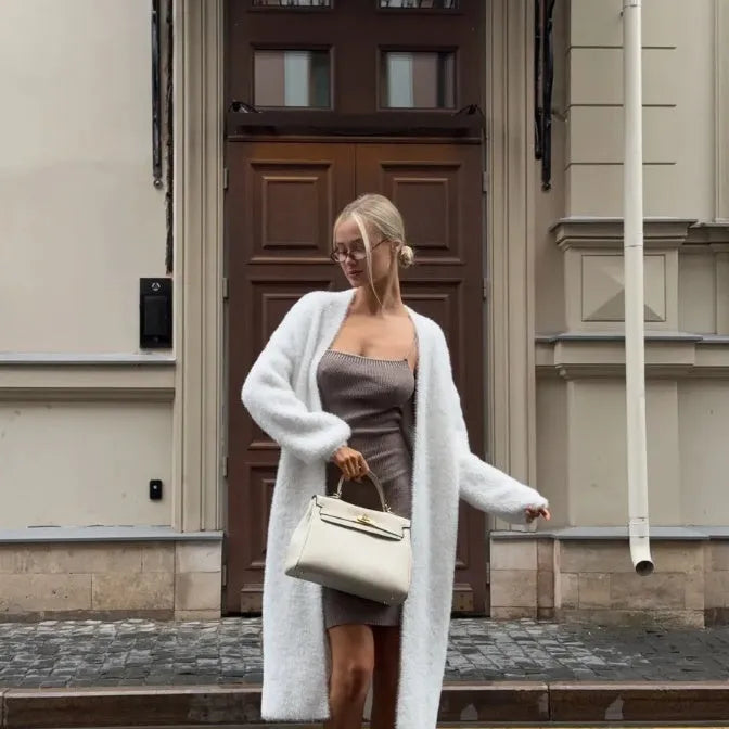White women's knitted cardigan jacket with 105cm extended length and loose fit