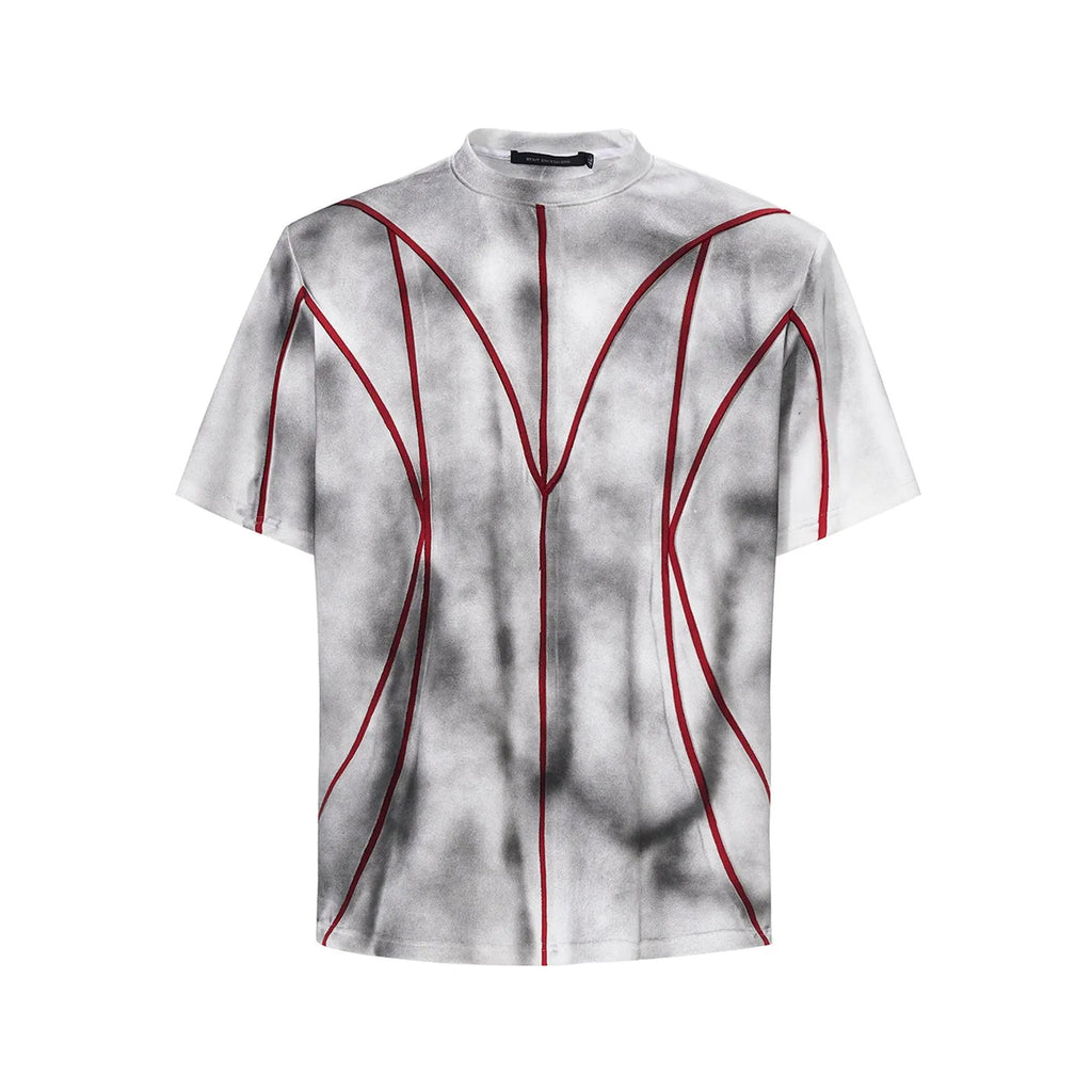Women's padded shoulder t-shirt with three-dimensional patchwork design on short sleeve round neck top