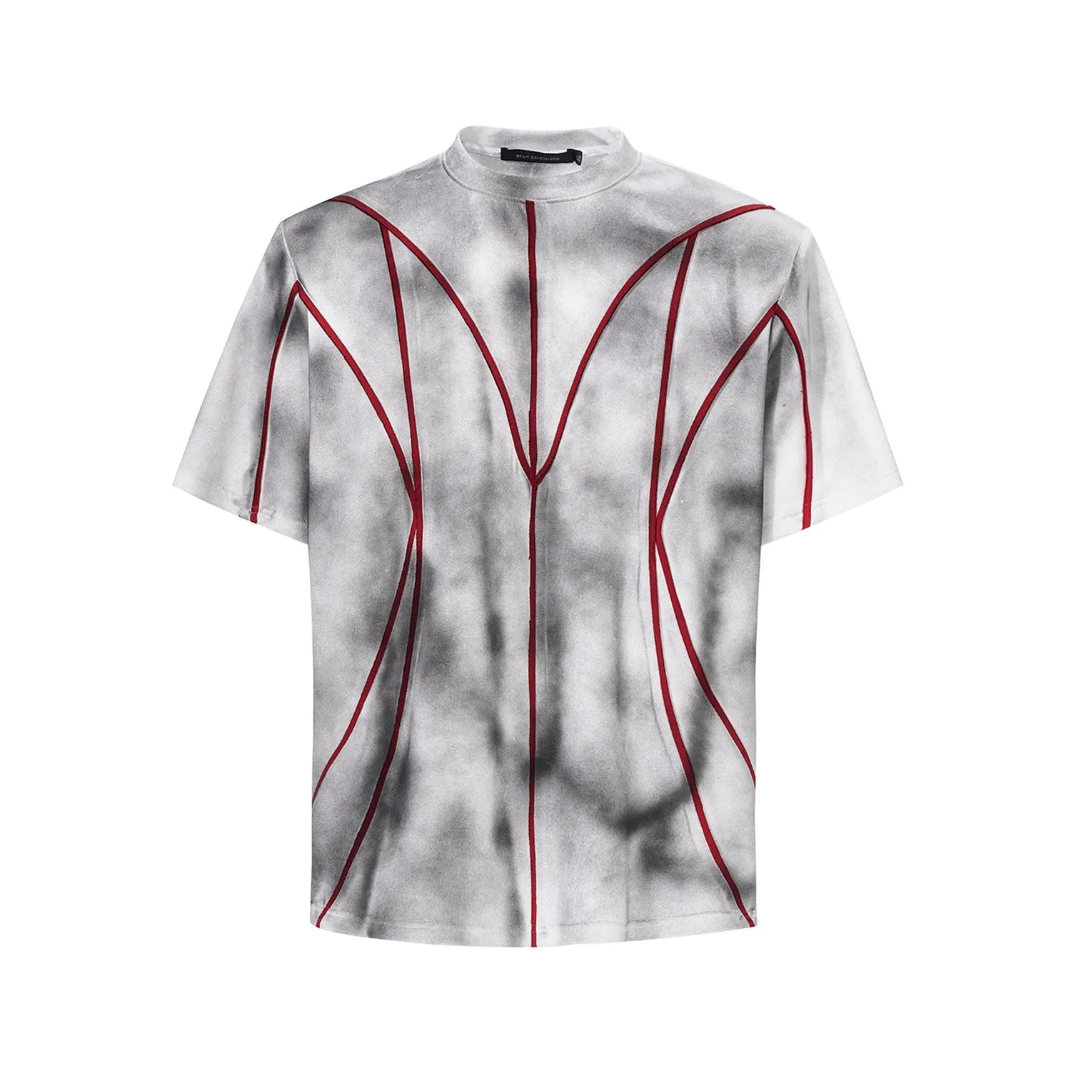 Women's padded shoulder t-shirt with three-dimensional patchwork design on short sleeve round neck top