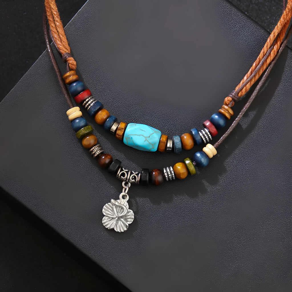 Men's classic wooden bead necklace with turquoise wax rope and alloy geometric flower pendant