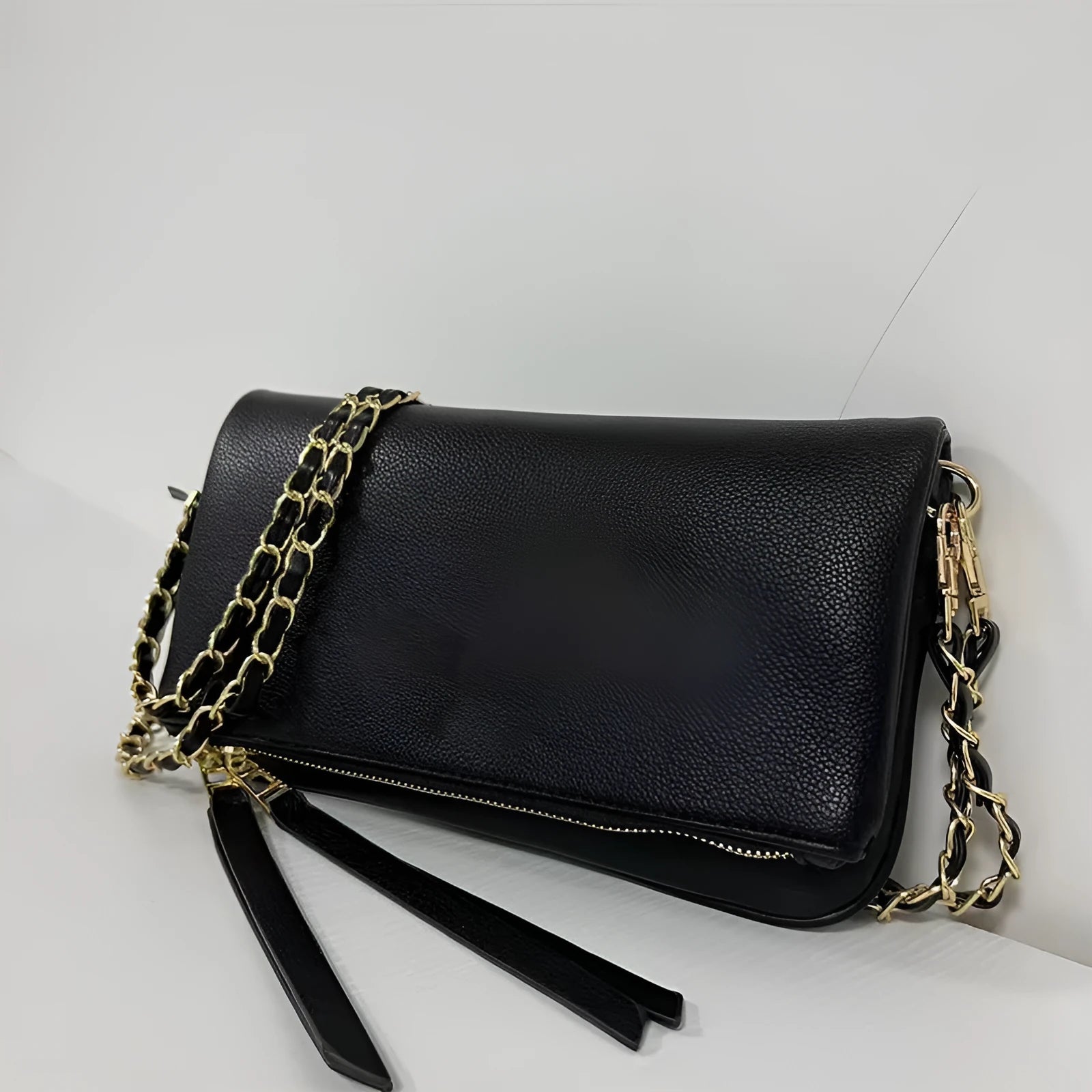 Fashion chain folding clutch women's shoulder messenger bag in black classic PU leather shell shape design