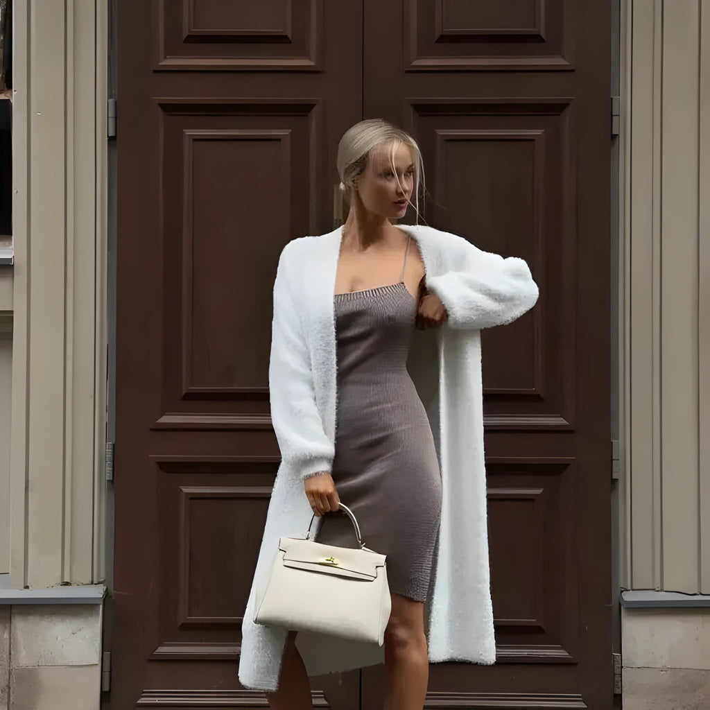 White women's knitted cardigan jacket with 105cm extended length and loose fit