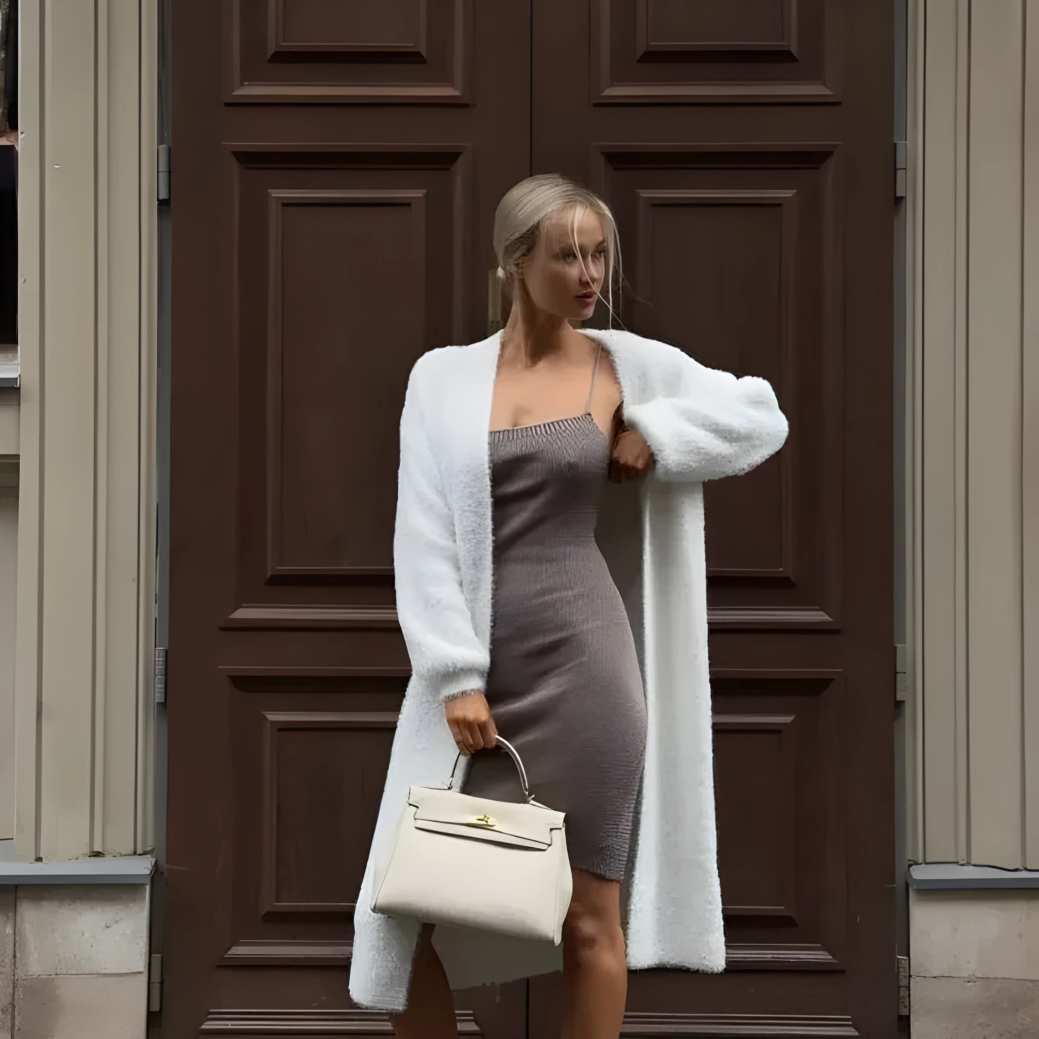 White women's knitted cardigan jacket with 105cm extended length and loose fit