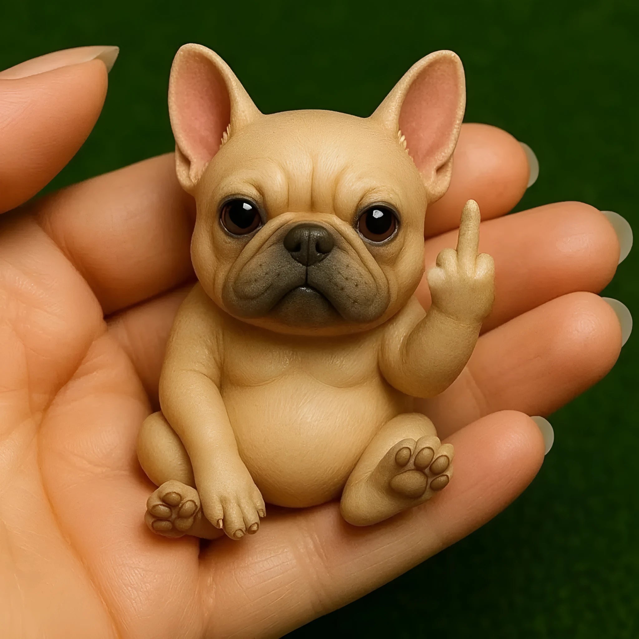Mini resin animal doll making a vertical middle finger gesture, available in cat, dog, elephant, frog, mouse, turtle, and highland cattle designs.