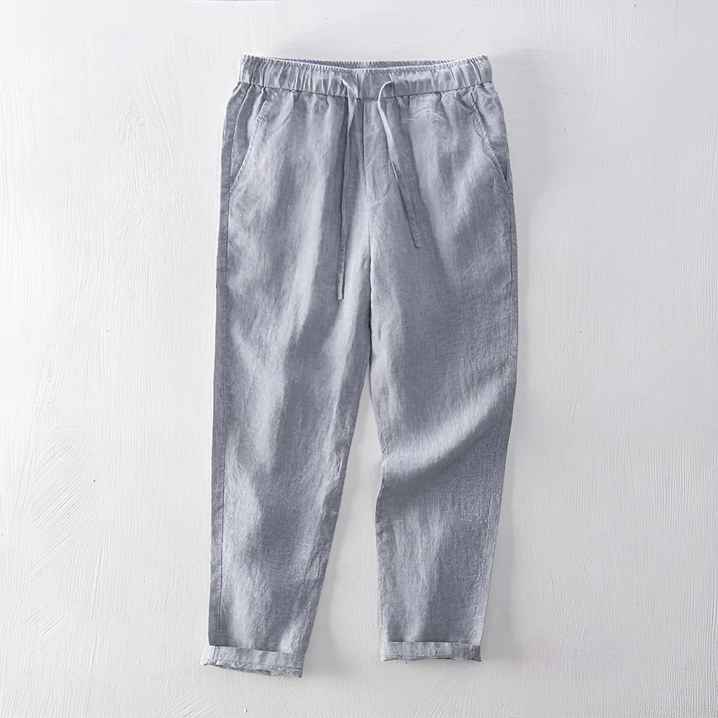 Linen breathable straight trousers for men in khaki colour, mid-waist cut on white background