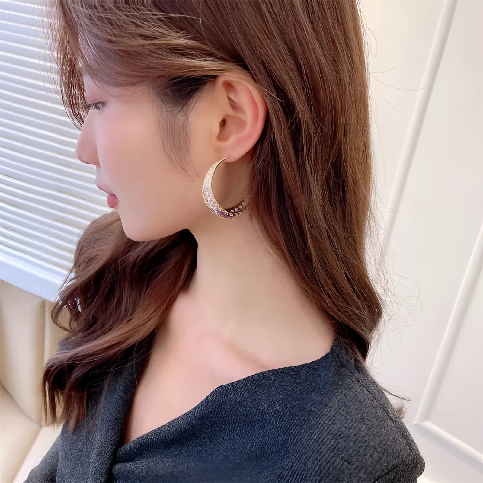 Women's copper geometric hoop earrings with electroplated finish, 4.3 by 4.5cm, multiple colour options including black, green, purple, gold, silver