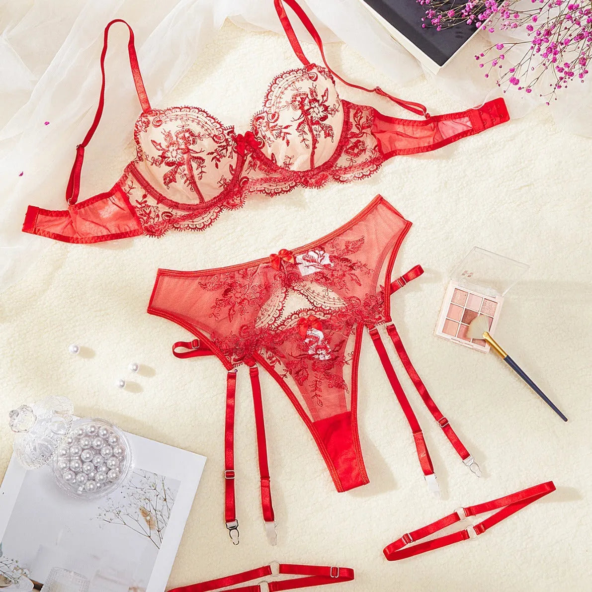 Women's embroidery see-through cutout lingerie set in black including top t-pants and garters
