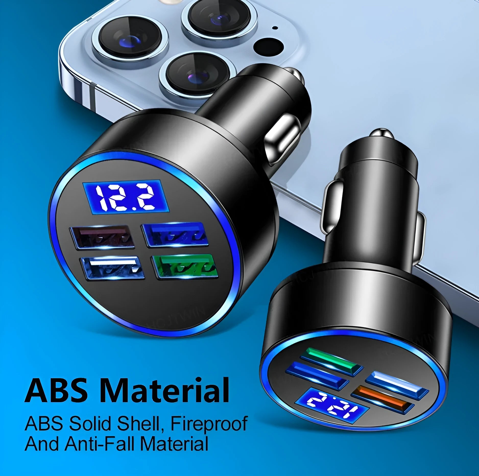 Black multi-port car charger for 12-24V vehicles with 3100mA output capacity