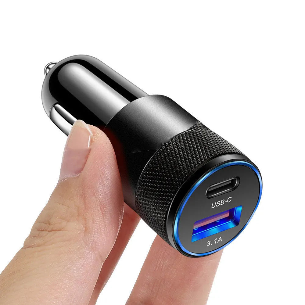 Aluminium alloy mobile phone car charger 12V input 2.5x6cm ABS plastic in Black Silver finish