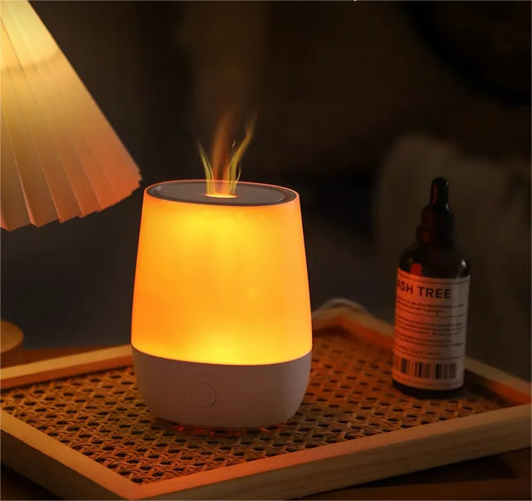 White USB aroma diffuser with simulated flame effect showing compact design and Type-C port