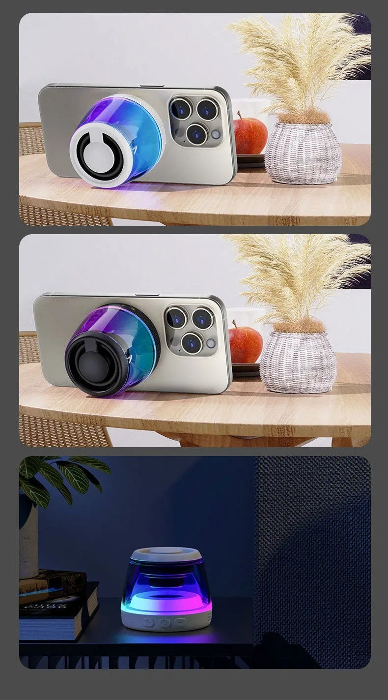 White portable Bluetooth speaker with LED ambience light and magnetic mini design on a desktop