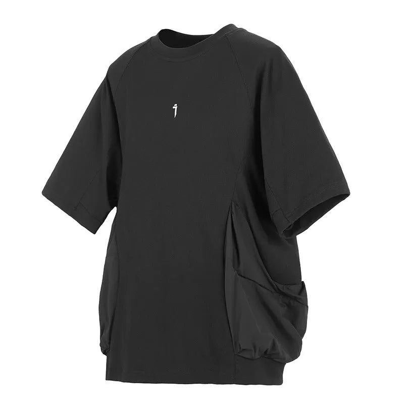Men's loose casual T-shirt with big pockets round neck short sleeve in black