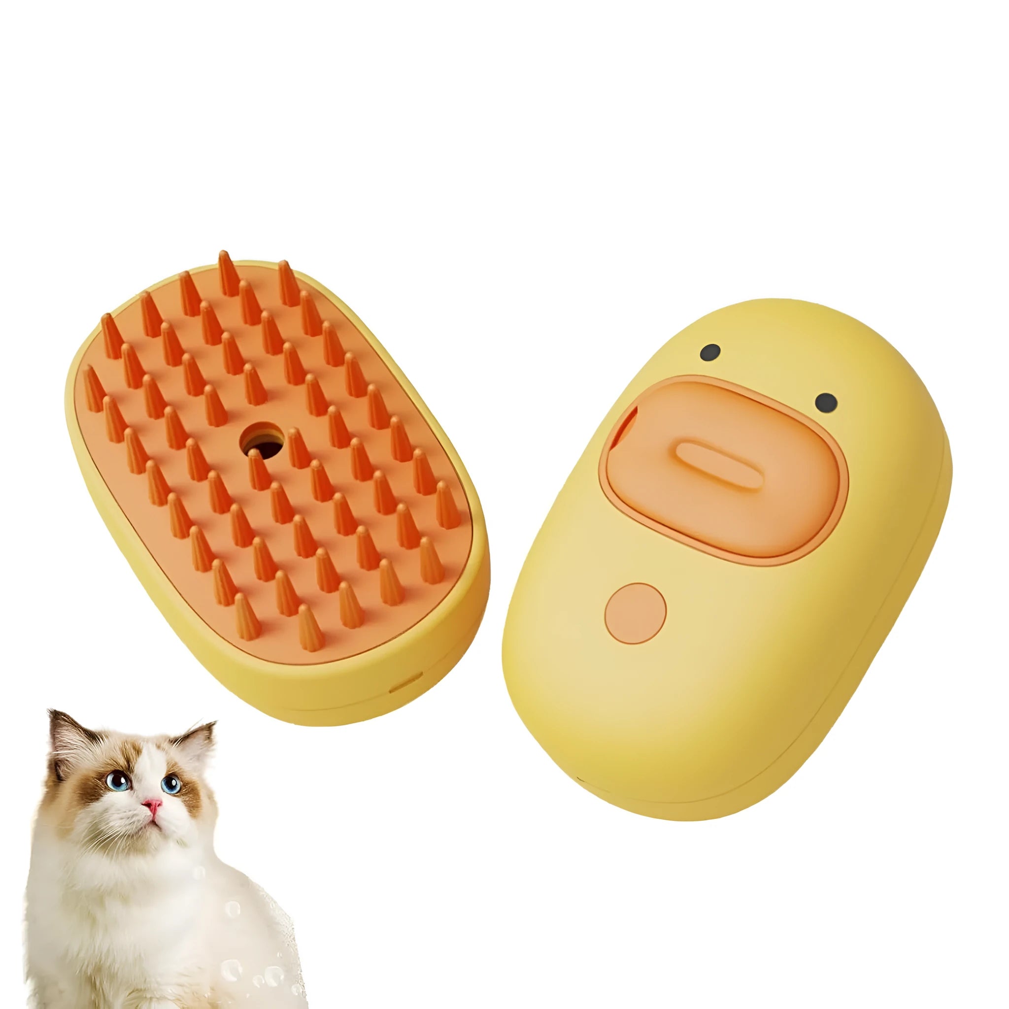 White rechargeable steam pet brush for dogs and cats on a table