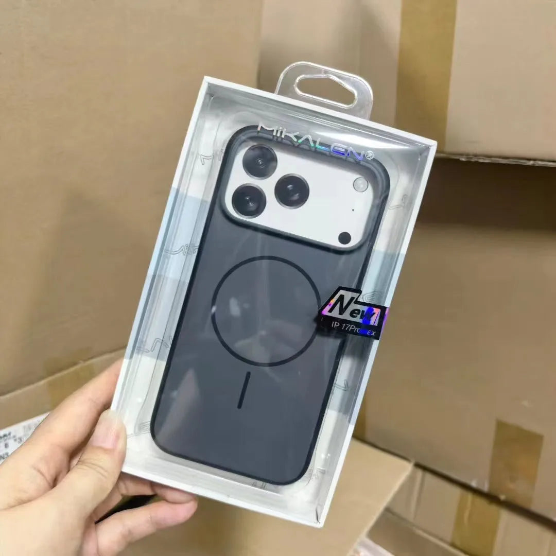 Two-colour skin feeling magnetic suction AI photo button phone case for iPhone 16 17 Pro Max in black half-pack style