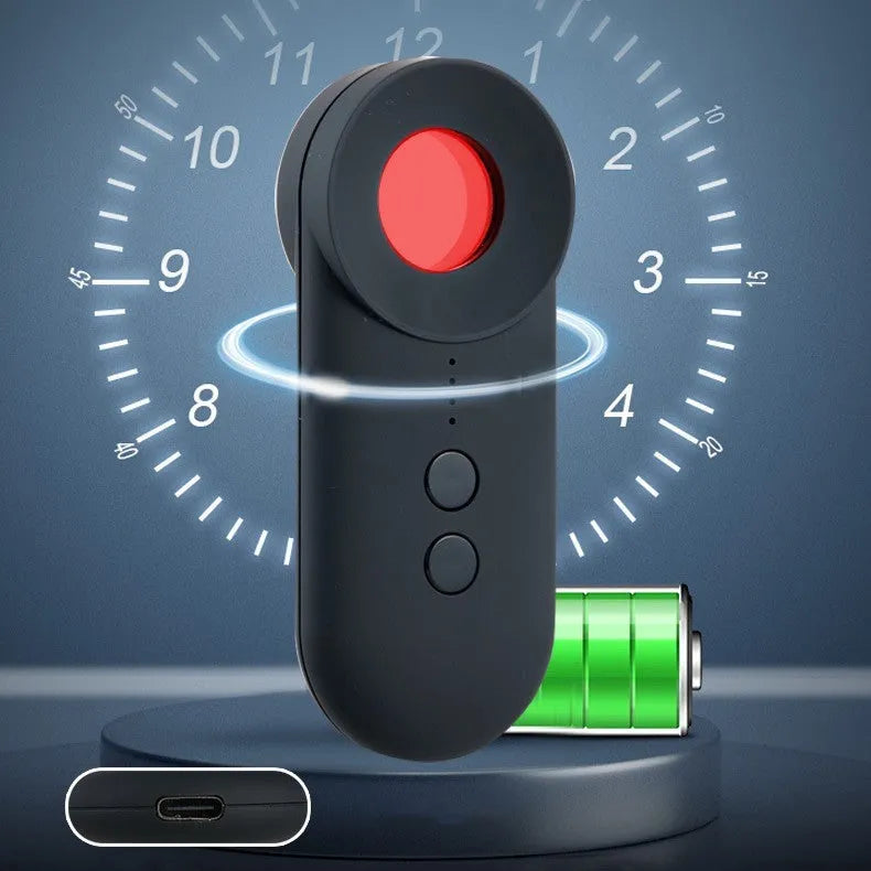 Black handheld GPS and hidden camera detector with USB port on a compact ABS plastic body.