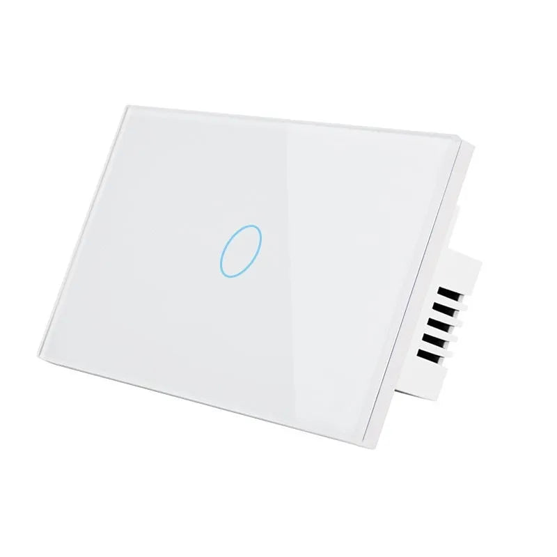 White 2-gang RF remote control light switch with tempered glass touch panel and LED indicators