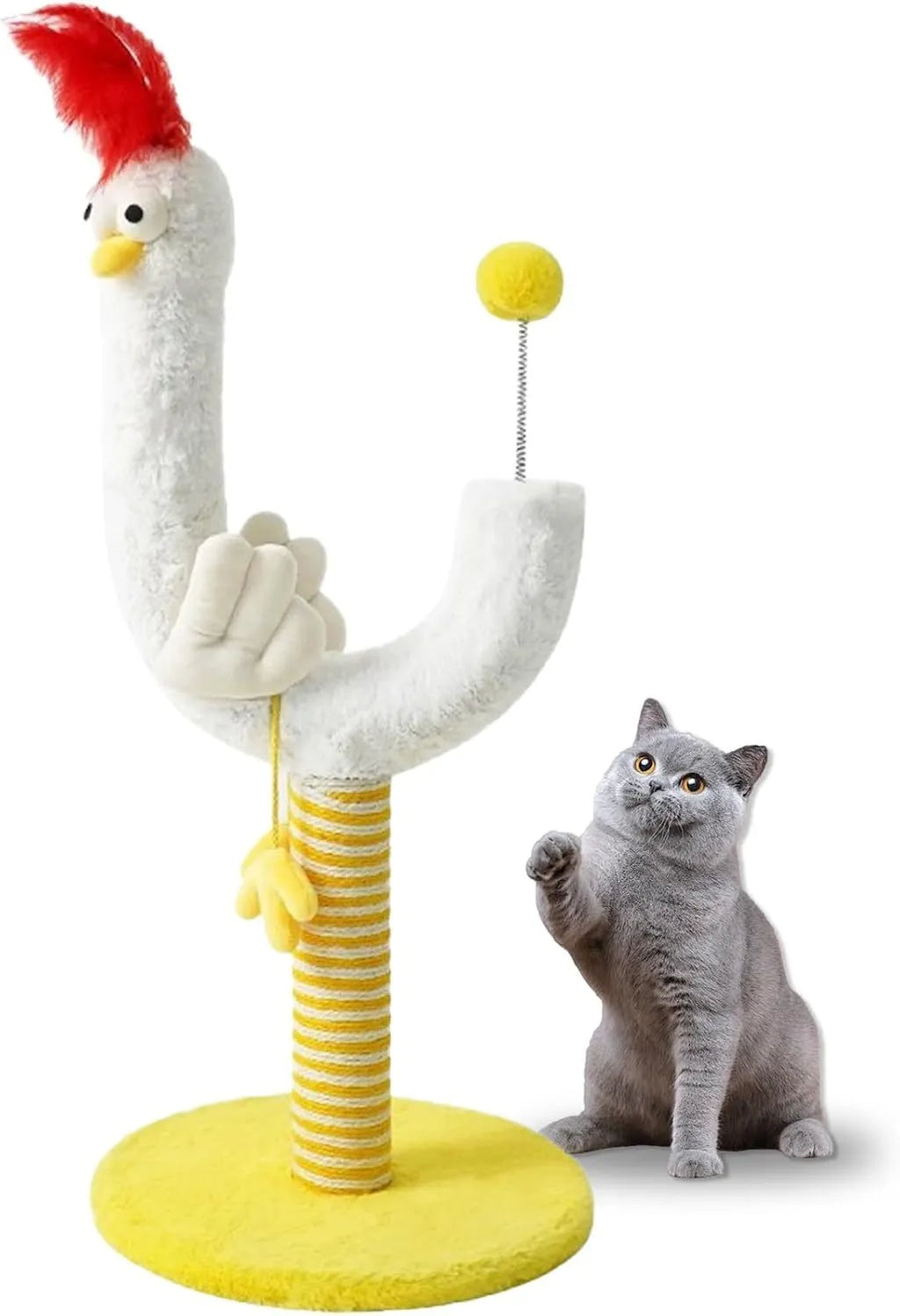 Sisal rope cat scratching post with chicken strip design and spring ball, 35cm wide and 88cm tall