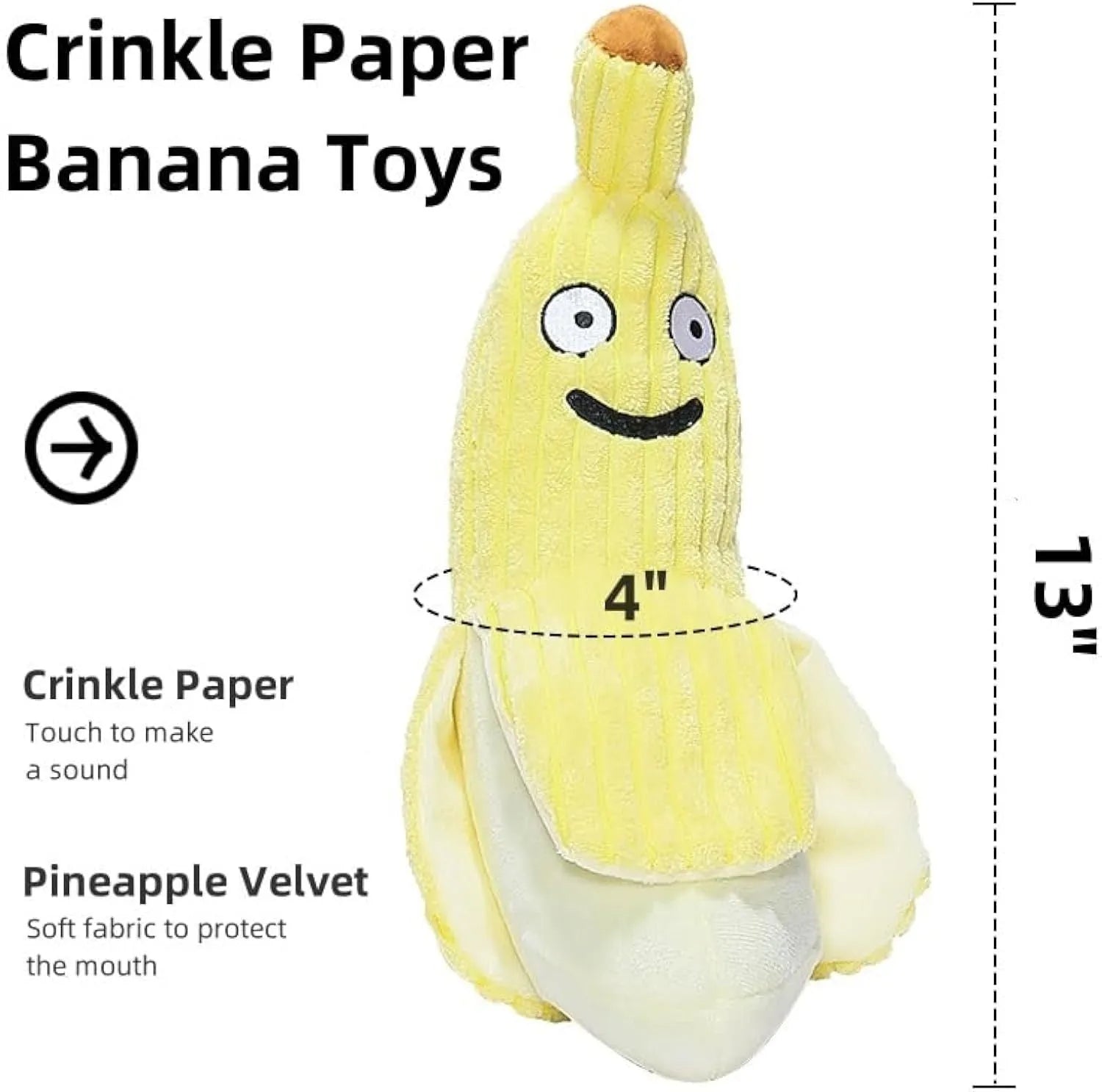 Yellow banana-shaped cat crinkle toy with plush fabric and visible texture details