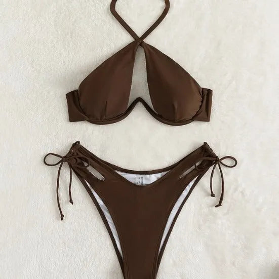 Women's halter bikini set briefs bottom solid colour black backless swimsuit polyester spandex lining