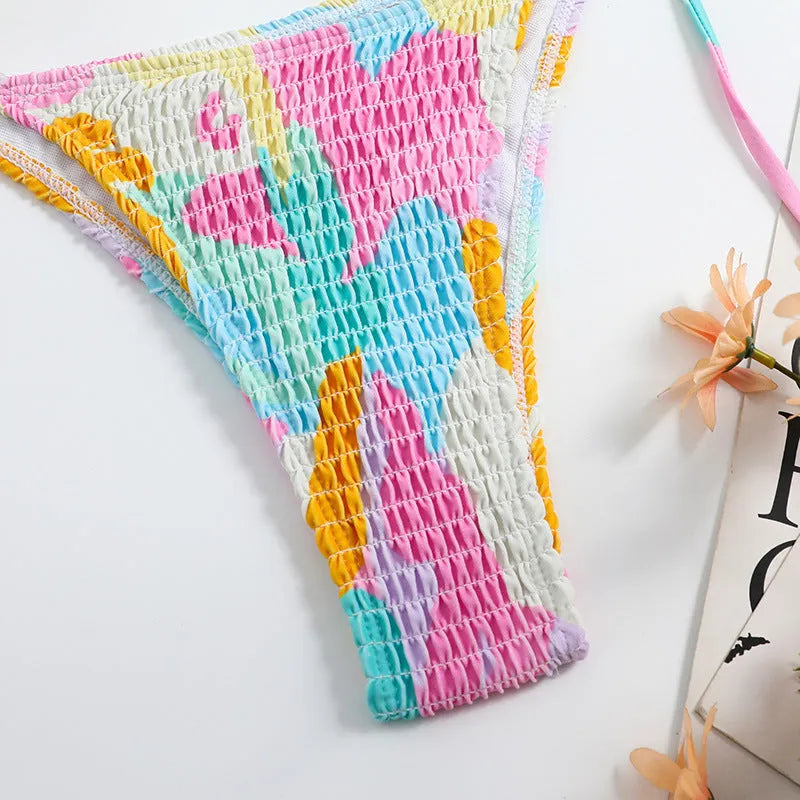 Women's multicolour triangle bag bikini set with split printed floral gradient pattern and smocking craft details