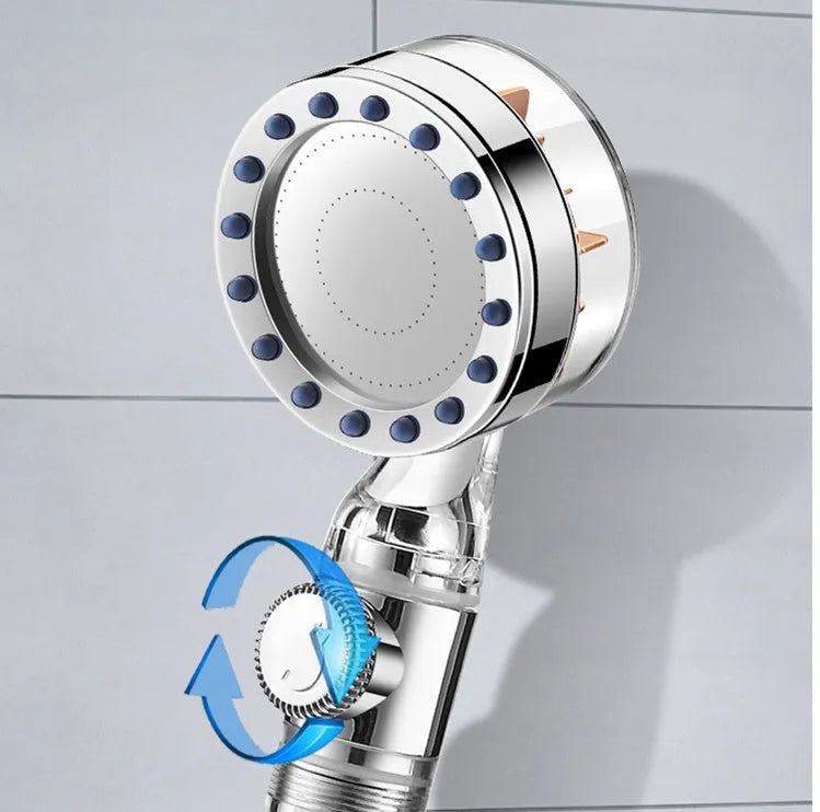 Pressurized turbo shower head with stainless steel panel and one-key stop button for water saving
