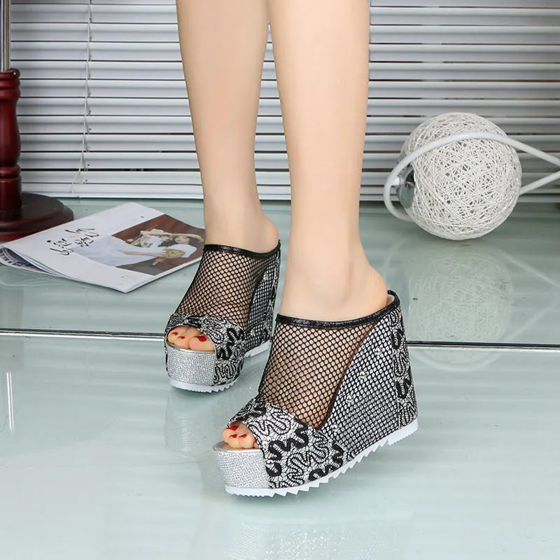 Korean chunky heel platform flip-flops with hollowed-out design in black, gold, or silver on a viscose sole.