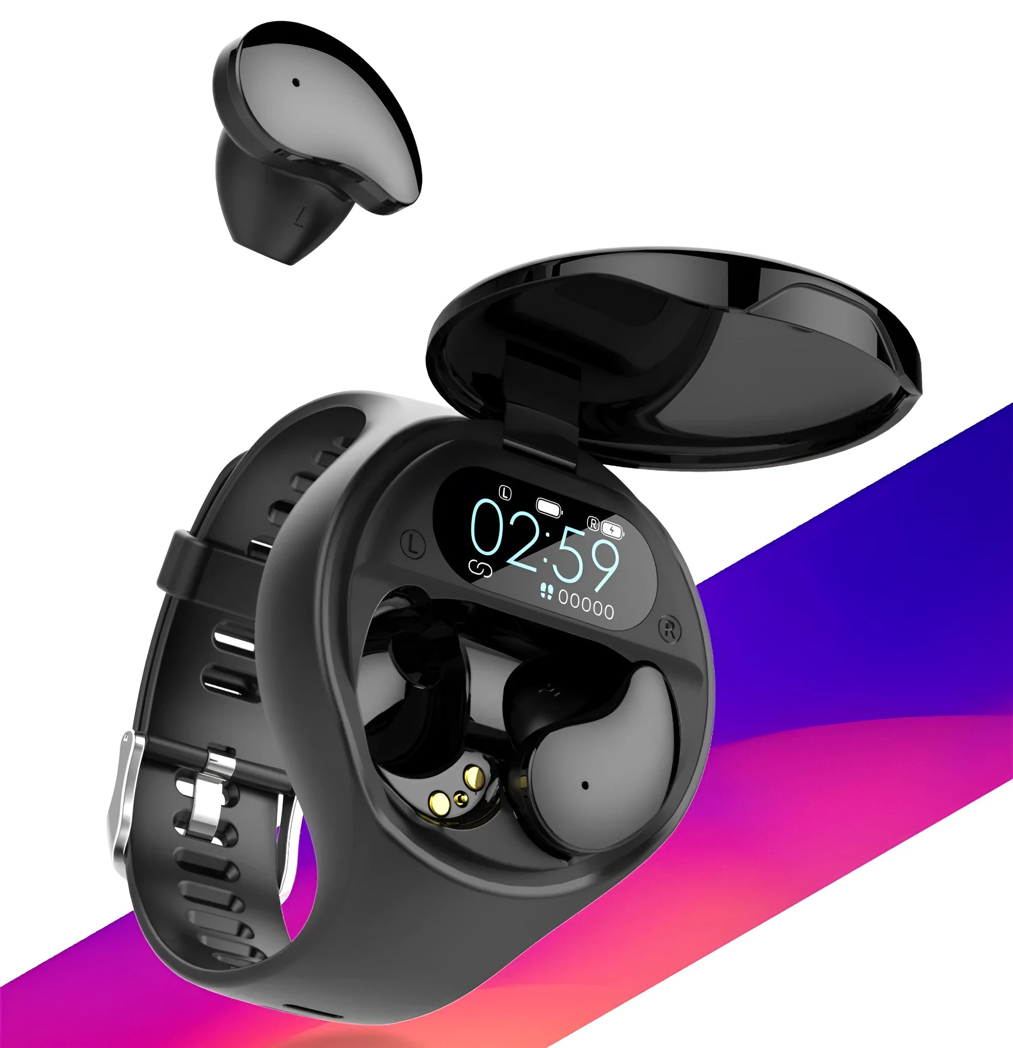 Black smart bracelet with detachable TWS earbuds showing colour screen display